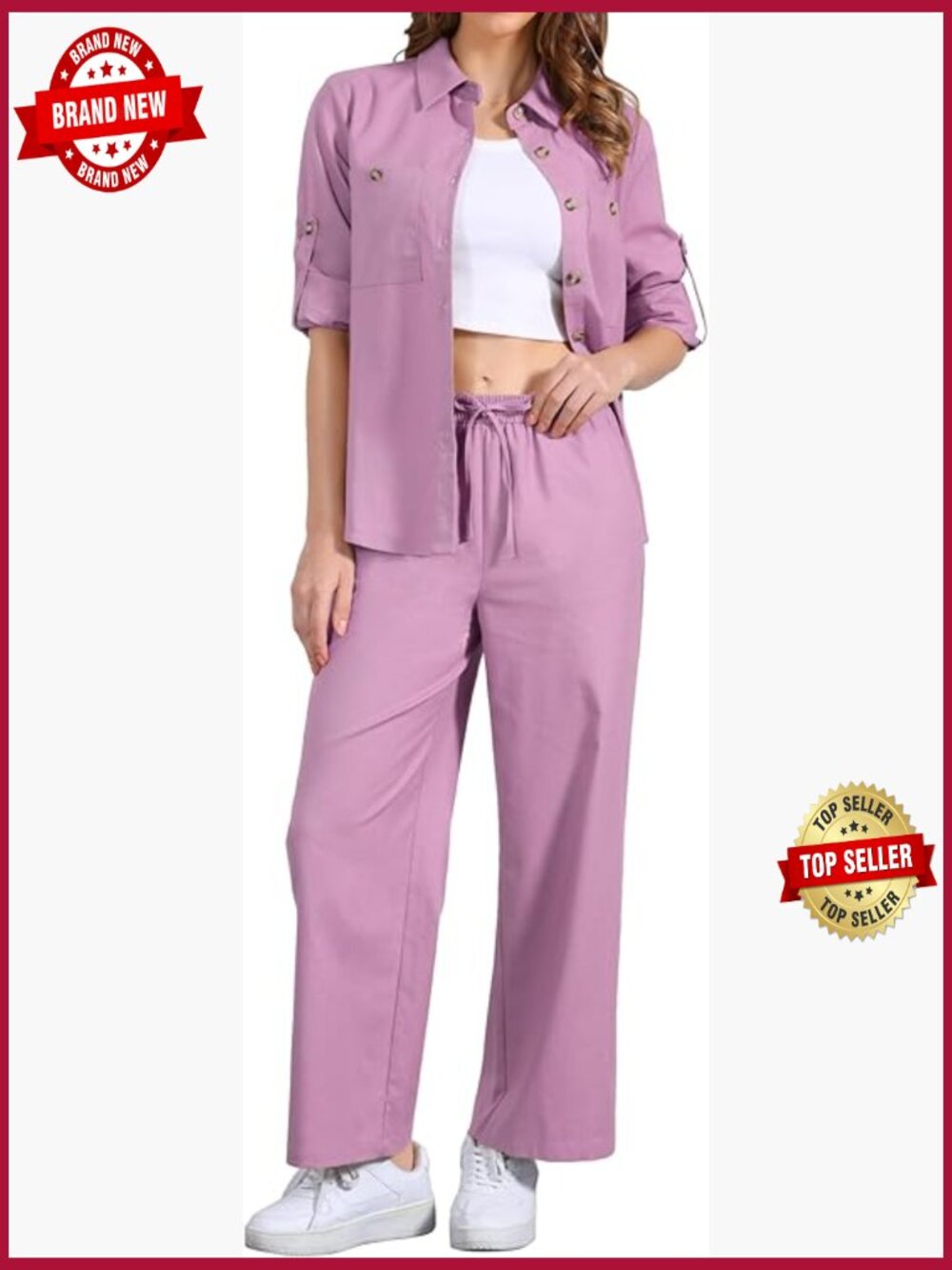 Linen Pant Set 2 Piece Lounge Outfits Button Down Shirt Wide Leg Pants Matching
